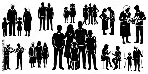 Huge set of family silhouettes including parents with children, pregnant couple, elderly grandparents with grandkids, and multi-generational family groups isolated