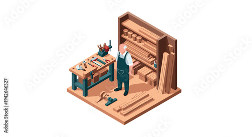 Isometric workshop: carpenter working in organized woodshop with tools and materials