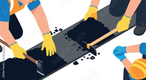 Isometric road construction workers paving asphalt with tools