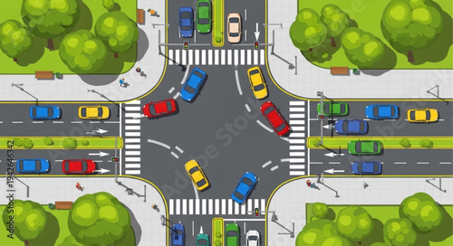 Aerial View of a Busy Four-Way Intersection with Cars.