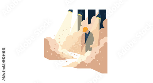 Worker in dust cloud with spotlight and safety gear in minimalist design