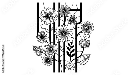 Floral Stained Glass Style Vector Background Black White Decorative Illustration