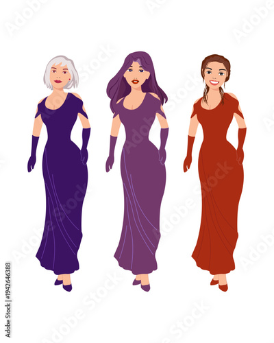 Icons of girls in full length in an evening dress. Avatars of female characters for applications. Vector illustrations for games and advertising. Images of different types of women for brochure design