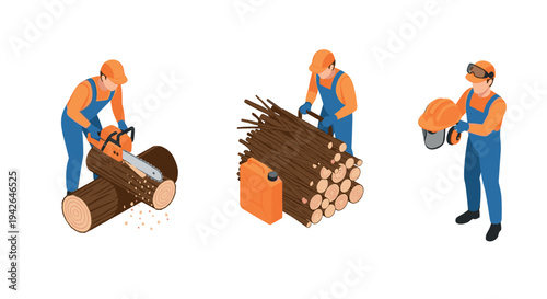 Lumberjack activities and safety gear in isometric style logging artwork