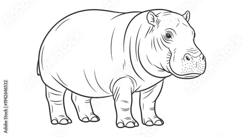Hippo Line Art: An exquisite monochrome line drawing captures the essence of a massive hippopotamus, showcasing intricate details in its form and contour.