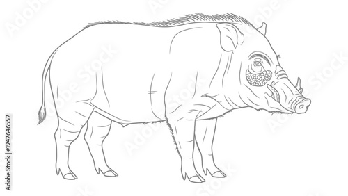 Wild Hog Line Art: A detailed line art illustration of a wild hog, showcasing its distinct features, from its bristly coat to its formidable tusks, in a monochrome setting.
