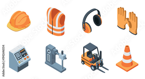 Essential isometric safety equipment icons for construction and industrial work