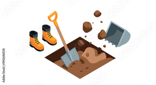 Isometric construction set with shovel, boot, and soil elements