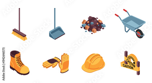 Construction equipment icons: isometric tools and safety gear for builders