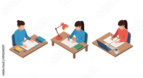 Isometric study scenes with students reading and writing at desks