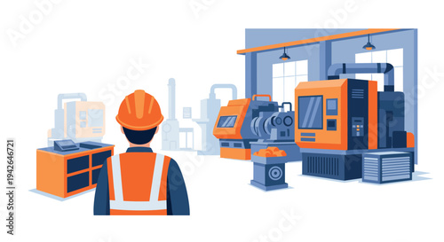 Industrial worker in factory with modern machinery in flat design