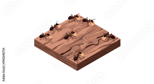 Ants carrying food on wooden surface in isometric design with realistic detail