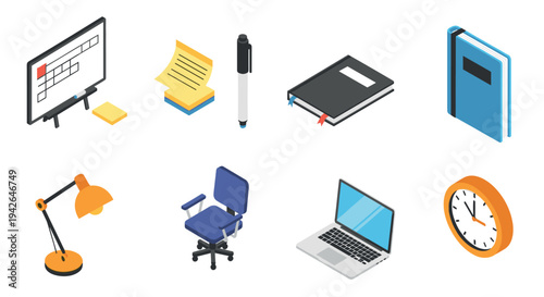 Isometric office essentials: modern equipment and stationery collection