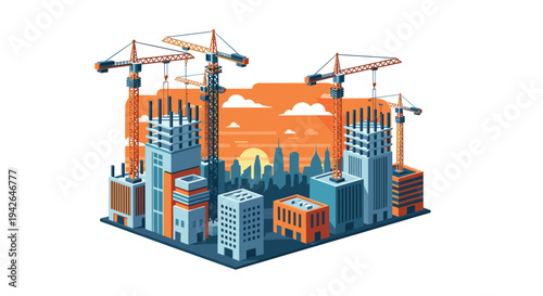 Urban construction scene with tower cranes and skyscrapers at sunset