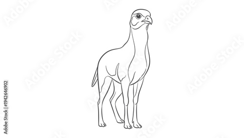 Secretary bird line drawing:An elegant secretary bird, depicted in a minimalist black and white line drawing, stands tall and poised on a white background.