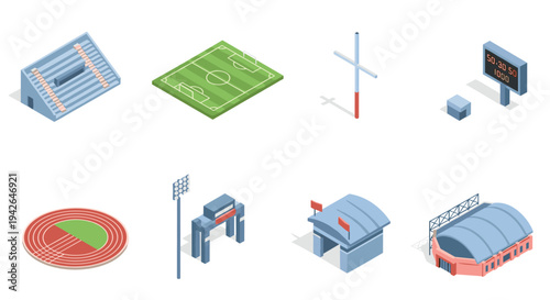 Isometric sports complex elements featuring soccer field and stadium