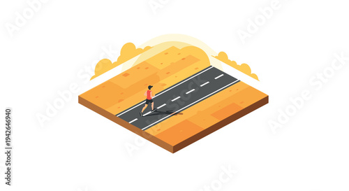 Isometric desert journey with lone walker on road