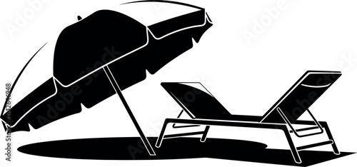 Beach umbrella and lounge chair silhouette vector illustration for summer vacation holiday travel resort relaxation sunbathing and coastal tourism design.