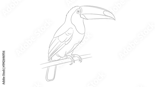 Sketch of a Resting Toucan: A detailed outline drawing of a vibrant toucan perched on a slender branch, showcasing its distinctive large beak and intricate feather details.