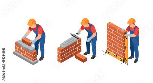 Isometric construction worker building brick wall sequence