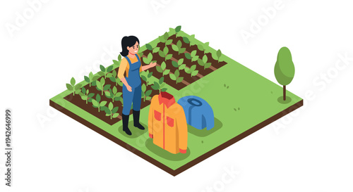 Isometric farm scene: woman gardening in overalls with scarecrow