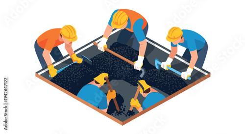 Road construction crew working with asphalt in isometric design