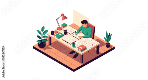 Isometric office desk scene with person studying and reading in modern workspace