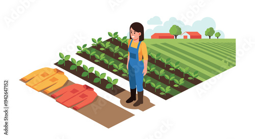 Isometric farm scene with woman in overalls and green crops