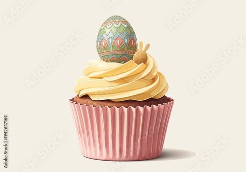 A decorated cupcake with yellow frosting and an Easter egg on top sits in a pink wrapper.