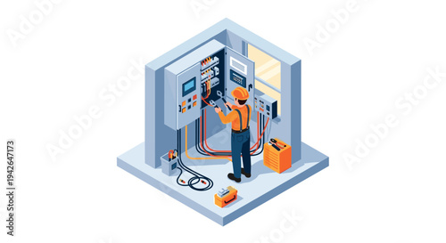 Electrical engineer working on control panel in isometric design