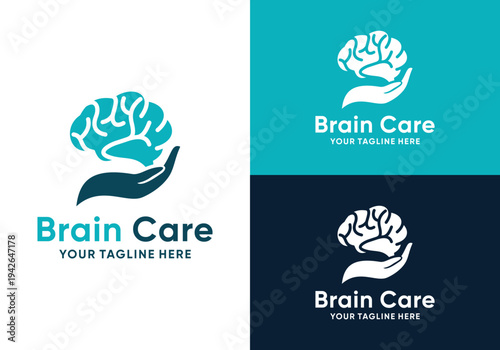 Brain health care vector logo design template. Brain care logo with combination of hand and brain in vector design concept.