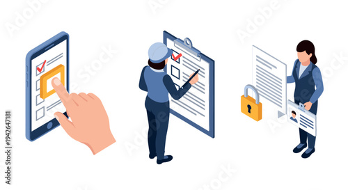 Isometric security and data protection concepts with checklists and digital locks