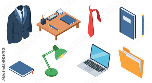 Isometric office essentials: laptop, suit, and stationery for professional workspace