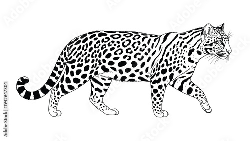 Jaguar Stride: A sleek jaguar walks gracefully, its rosette-patterned coat standing out against the background. Capturing its power and beauty