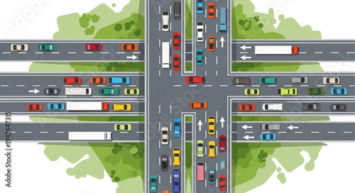 Aerial View of a Busy Highway Intersection with Traffic.