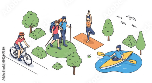 Cartoon People Enjoying Outdoor Activities.