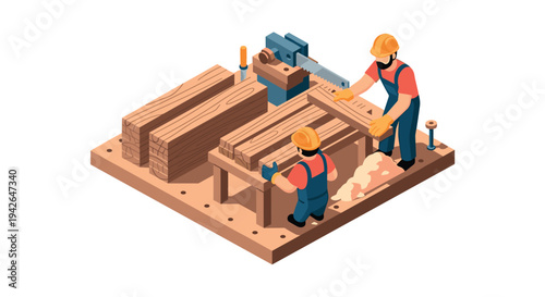 Isometric carpentry workshop with workers and equipment in action