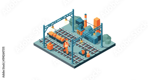 Isometric industrial railway scene with worker and factory elements