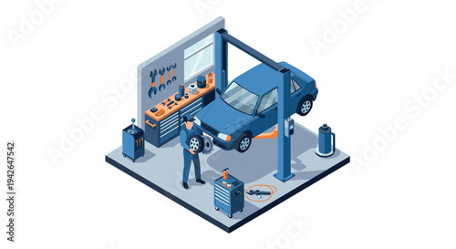 Isometric car repair scene in auto workshop with mechanic and tools