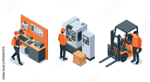 Manufacturing process isometric design with workers and machinery in factory setting
