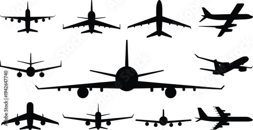 Collection of commercial airplane silhouettes set isolated on white background, front and side view aircraft vector illustration for aviation design use