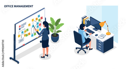 Office management concept with isometric design featuring workflow and desk setup