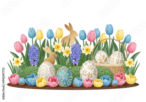 Easter bunnies hop around colorful tulips, flowers, and decorated eggs in a basket on a sunny day outdoors.