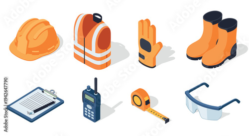 Essential construction safety gear in isometric style for modern worksite protection