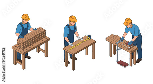Isometric carpenter scenes: measuring, stacking, and sanding woodwork