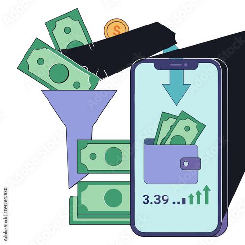 A smartphone displays a digital wallet filling with money from a funnel.