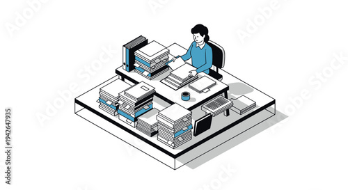 Busy office worker surrounded by stacks of books in monochrome isometric design