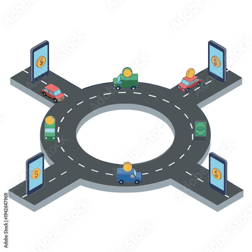 Vehicles travel on a circular road with mobile phones on stands