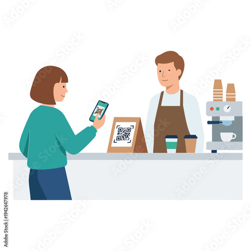 Woman uses phone to scan QR code on menu board at coffee shop counter with barista