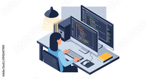 Isometric workspace featuring programmer at dual monitors in modern office setting